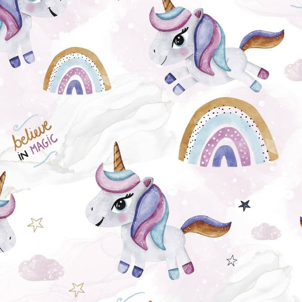 Licorne arc-en-ciel impression numérique PREMIUM 100% coton/tissu jersey, tissu licorne doux, tissu en coton fille mignonne, largeur 155 cm/61" par yard/mètre