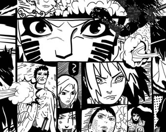 May include: Black and white manga-style comic strip pattern featuring various character faces and action panels. The artwork includes detailed line art, expressive eyes, and dynamic compositions, creating a visually engaging design.