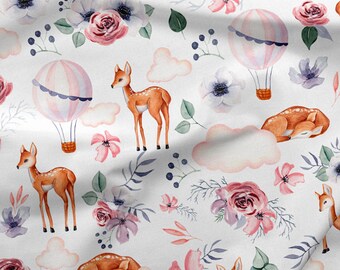 Deer in Flower Fabric, Premium Digital Print Cotton, Forest Animals Woodland Cotton Fabric, Flowers Rose, and Balloon, Width 155cm /61"