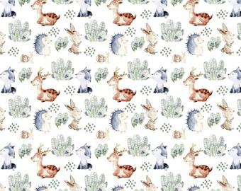 Woodland Cotton Fabric,deer hedgehog fabric,100% Cotton Fabric, fabric, Fabric,Fabric by the Yard 63" wide, by meter 160 cm wide