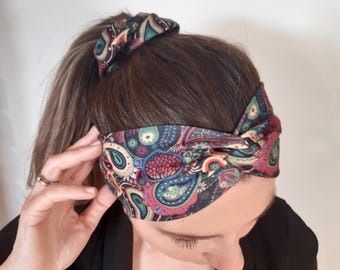 女性用ヘッドバンド シュシュ セット、ブルー グリーン レッド ペイズリー ヘッドバンド セット ヘッドバンド 伸縮性ニット、ストレッチ ニット ジャージー ヘッドバンド 女の子 女性