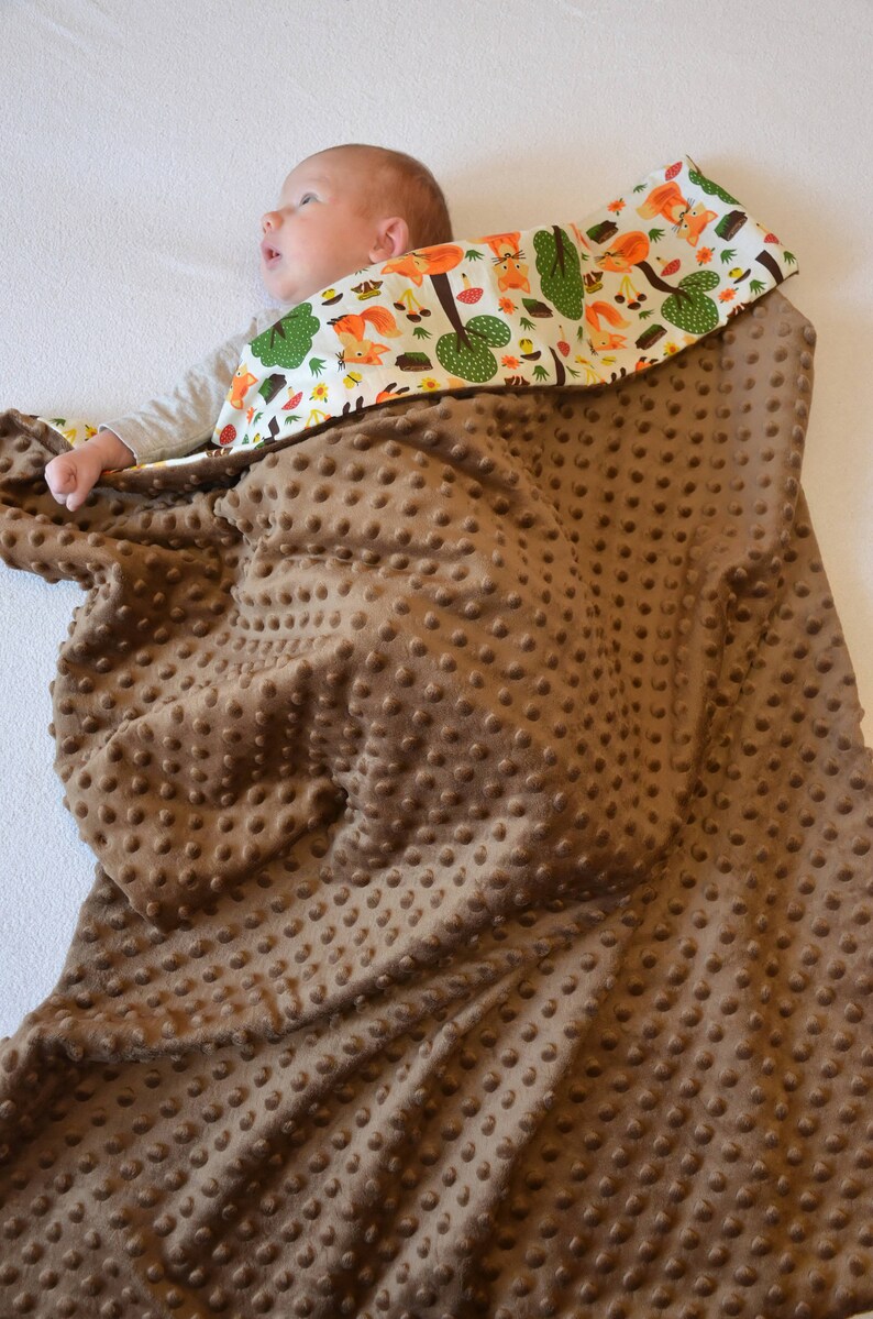 May include: A brown baby blanket with a textured surface. The blanket is made of soft, plush fabric and has a white and green patterned lining with a woodland animal design.