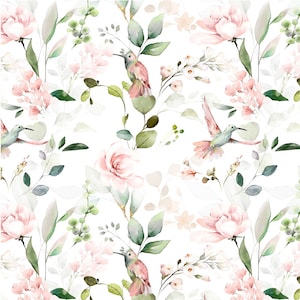 May include: A seamless pattern featuring watercolor illustrations of pink flowers, green leaves, and hummingbirds. The background is white.