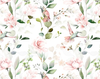 Hummingbird in Flower Premium Fabric, Premium Digital Print Cotton, Forest Animals flower Cotton Fabric,  Width 155cm /61"