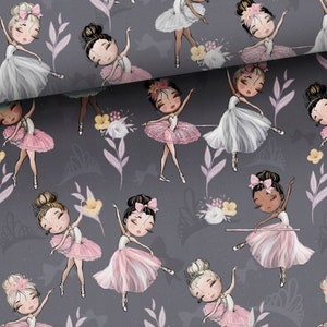 Balerinas on gray cotton/ jersey  fabric print Cotton Fabric,PREMIUM 100% Cotton,girl balerinas Fabric, Width 155cm /61&quot; by meters/ yard