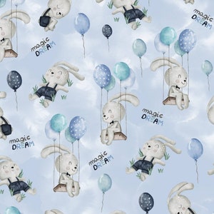 Bunny baloon cotton fabric print Cotton/ Jersey Fabric,PREMIUM 100% Cotton, kids bunny cotton Fabric,Fabric Width 155cm /61&quot; by meters/ yard