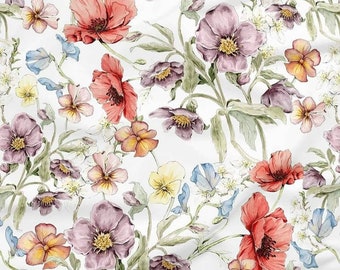 Tessuto fiori di campo, cotone con stampa digitale Premium, bellissimi fiori di campo selvatici Tessuto di cotone, cotone PREMIUM Larghezza 155 cm /61"