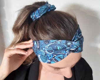 女性用ヘッドバンド シュシュ セット、ブルー ペイズリー ヘッドバンド セット ヘッドバンド 伸縮性ニット、ストレッチ ニット ジャージー ヘッドバンド 女の子 女性