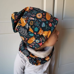 Fox Flower folk Winter Beanie and loop set,Gray Fleece fur Beanie Hat and Neck scarf Size 39cm-56cm, Beanie Loop kids,minky cozy beanie,