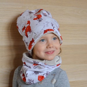 Fox forest Winter Beanie and loop set,Gray Fleece fur Beanie Hat and Neck scarf Size 39cm-56cm, Beanie Loop kids,minky cozy beanie,
