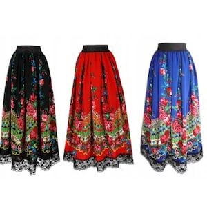 Traditional  folk skirt maxi, floral skirt, gypsy skirt, roses skirt, Polish folk highlander skirt, ethnic skirt, slavic folk skirt