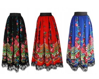 Falda popular tradicional maxi, falda floral, falda gitana, falda de rosas, falda montañesa popular polaca, falda étnica, falda popular eslava