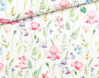 Meadow flowers Fabric, Premium Digital Print Cotton/ Jersey , beautiful  wild meadow flowers , PREMIUM parrots cotton Width 155cm /61"