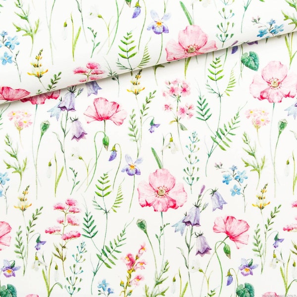 Meadow flowers Fabric, Premium Digital Print Cotton/ Jersey , beautiful  wild meadow flowers , PREMIUM parrots cotton Width 155cm /61"
