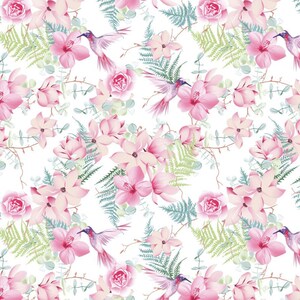 Hummingbird in Flower pink sweet cotton Fabric, girl Print Cotton, Forest Animals flower Cotton Fabric,  Width 155cm /61"