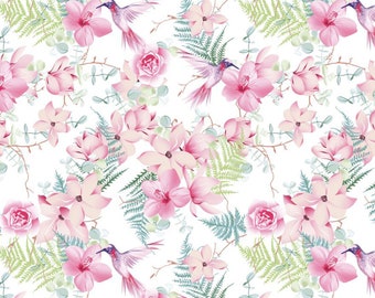 Hummingbird in Flower pink sweet cotton Fabric, girl Print Cotton, Forest Animals flower Cotton Fabric,  Width 155cm /61"