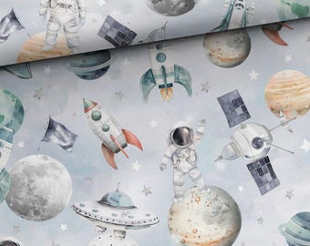 Spaceship night sky Premium digital print Cotton/Jersey Fabric,100% Cotton,Blast off Space Fabric,Kosmos premium Width 155cm /61"