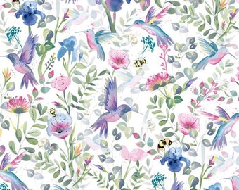 Hummingbird in Flower cotton Fabric,  Print Cotton, Forest Animals flower Cotton Fabric,  Width 155cm /61&quot;