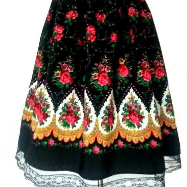 Traditional folk skirt midi, floral skirt, gypsy skirt, folk pattern skirt, Polish folk highlander skirt, ethnic skirt, slavic folk skirt