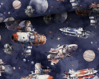 Tela de algodón premium de naves espaciales, 100% algodón, tela cosmos, tela de nave espacial, tela cortada a medida 63 "de ancho, por metro 160 cm de ancho