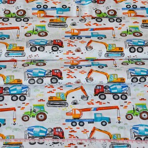 May include: White fabric with a repeating pattern of construction vehicles. The vehicles are drawn in a cartoon style and include cement mixers, excavators, and tractors. The fabric is perfect for quilting, crafts, and other sewing projects.