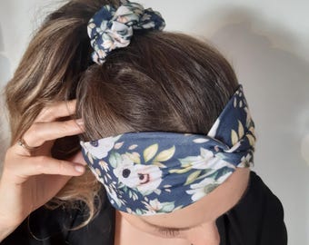 女性用ブルーフラワーヘッドバンド シュシュセット、ヘッドバンドセット ヘッドバンド 伸縮性ニット、ストレッチニット ジャージー ヘッドバンド 女の子 女性