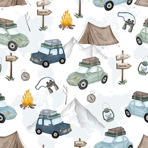 Cars bivouac trip travel Cotton Fabric,100% Cotton, PREMIUM mountain Fabric,Travel  Fabric,Fabric by the Yard 63&quot; wide, by meter 160 cm wide