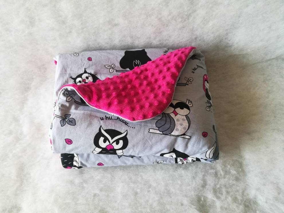 Owl Baby Blanket, Blanket with Filling, Decke mit Füllung, fuhsia Minky Blanket, funny owl Bl