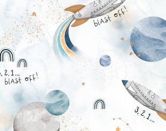 Kosmos planets Space night sky Premium digital print Cotton/Jersey Fabric,100% Cotton,Blast off Space Fabric,Kosmos premium Width 155cm /61"