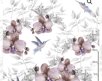 Hummingbird in orchids  Premium Fabric, Premium Digital Print Cotton, hummingbirds in flower Cotton Fabric,  Width 155cm /61"