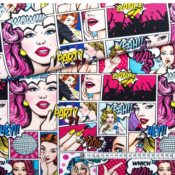 Tessuto per fumetti, cotone con stampa digitale Premium/ Jersey, tessuto di cotone colorato pop art, tessuto pop art per fumetti Larghezza 155 cm / 61"