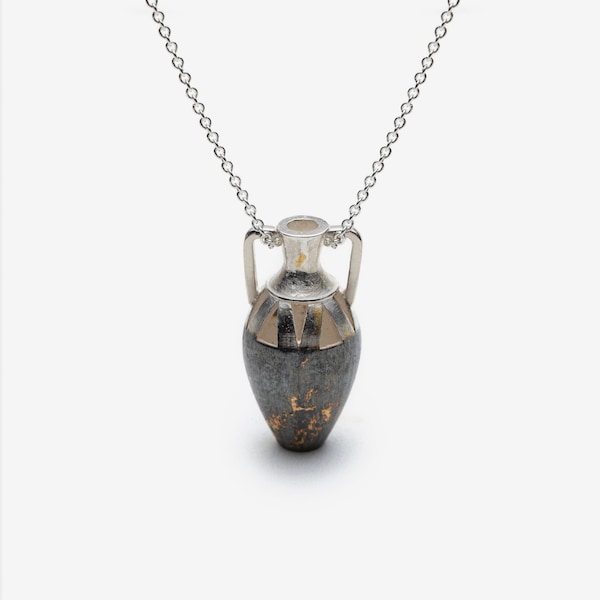 Amphora Pendant: Acropolis Inspired Small Vase Necklace – Sterling Silver with 24K Gold Foil, Exquisite Greek Charm