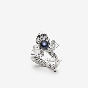 Handcrafted Sterling Silver Ring | Unique Floral Design , Pearl Ring