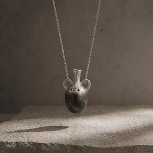 May include: A silver-toned necklace featuring a miniature amphora pendant. The pendant has a dark, textured body with a silver neck and handles. The necklace hangs against a neutral background.