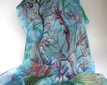 Etole mousseline soie peint main motif coraux fond marin, foulard soie coloré, foulard été femme, cadeau fête des mères