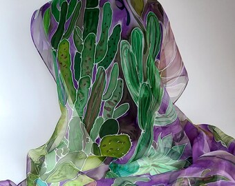 Etole en mousseline de soie peint main motif cactus, écharpe mousseline violette, foulard vert femme, cadeau pour elle