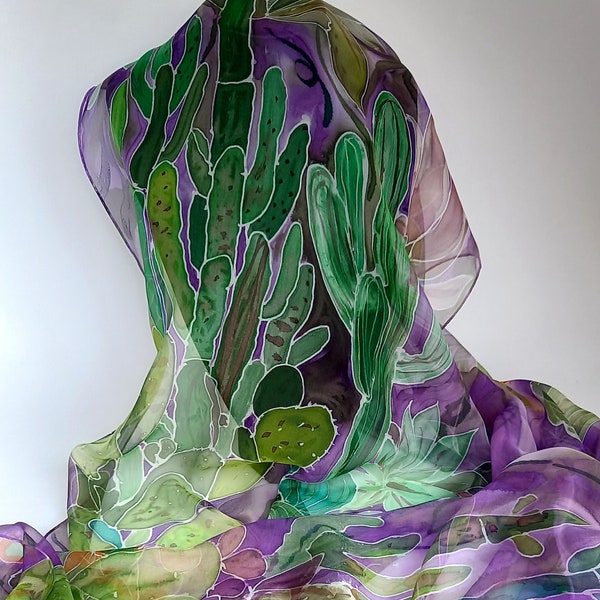 Etole en mousseline de soie peint main motif cactus, châle violet, foulard vert, cadeau pour elle