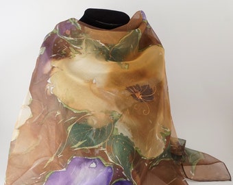 Foulard mousseline de soie peint main fleuri, violet marron vert, châle mousseline fleurs, cadeau pour femme