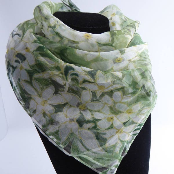 chiffon scarf silk, silk painted scarf woman floral, jasmine