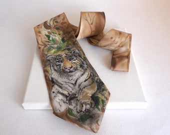 Corbata de seda pintada a mano con estampado de tigre, corbata de hombre, corbata de mujer, regalo único hecho a mano