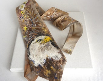 Cravate en soie peint main motif aigle, rapace oiseau, cravate pour homme, cravate femme, cadeau unique fait main, fête des pères