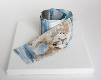 Silk ribbon bracelet, animal bracelet, hand painted silk, white bear, silk cuff bracelet, blue and white