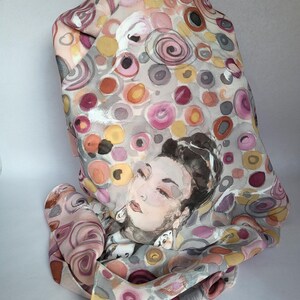 Hand-painted crepe de chine silk stole with woman motif: 180 x 45 cm, plum and gray image 2