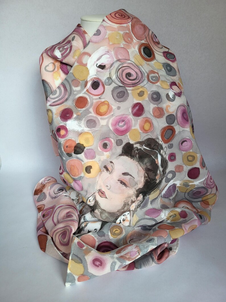 Hand-painted crepe de chine silk stole with woman motif: 180 x 45 cm, plum and gray image 2