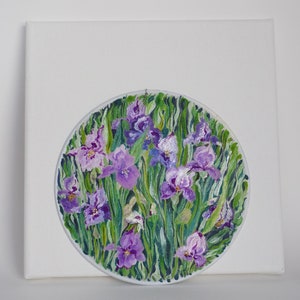 Hand painted silk painting with flowers, purple iris, round painting with flowers, home gift image 4
