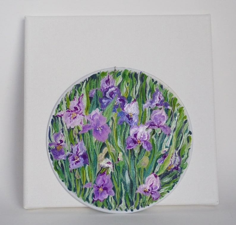 Hand painted silk painting with flowers, purple iris, round painting with flowers, home gift image 4