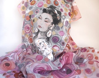 Hand painted silk stole with elegant woman pattern, hand painted silk, unique pink and gray scarf, gift for her