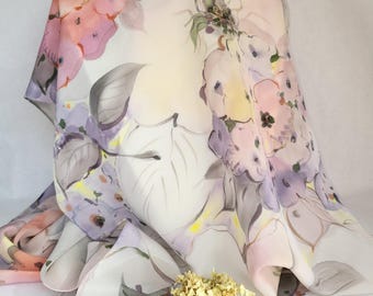 Hand-painted silk scarf with feather motif, 137 x 40 cm
