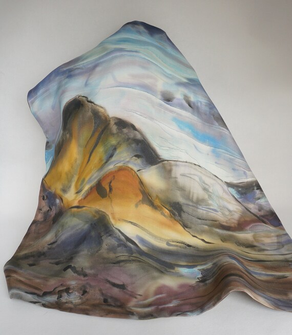 Hand-painted Silk Scarf With Mountain Landscape , Island  display picture 2