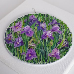 Hand painted silk painting with flowers, purple iris, round painting with flowers, home gift image 1